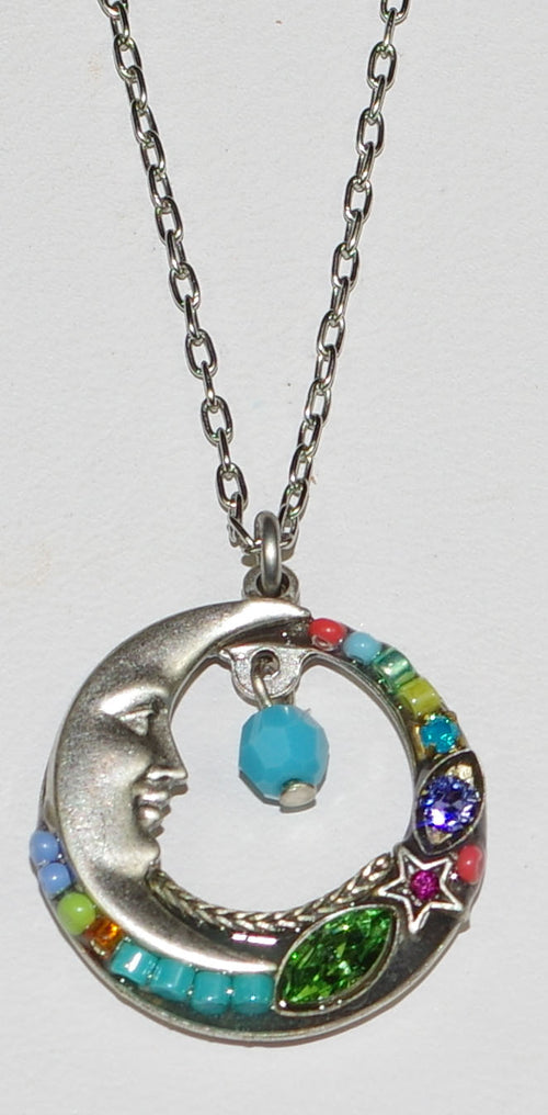 FIREFLY NECKLACE CELESTIAL MOON MC: multi color stones in 3/4" pendant, silver 18" adjustable chain