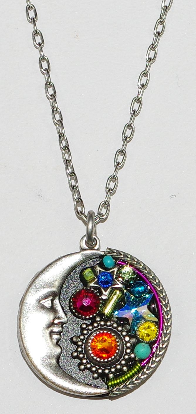 FIREFLY NECKLACE MIDNIGHT MOON MC: multi color stones in 3/4" pendant, silver 18" adjustable chain