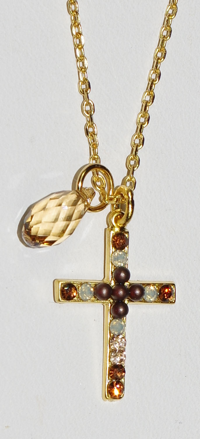 MARIANA CROSS PENDANT APHRODITE: brown, white, amber stones in 1" yellow gold setting, 18" adjustable chain