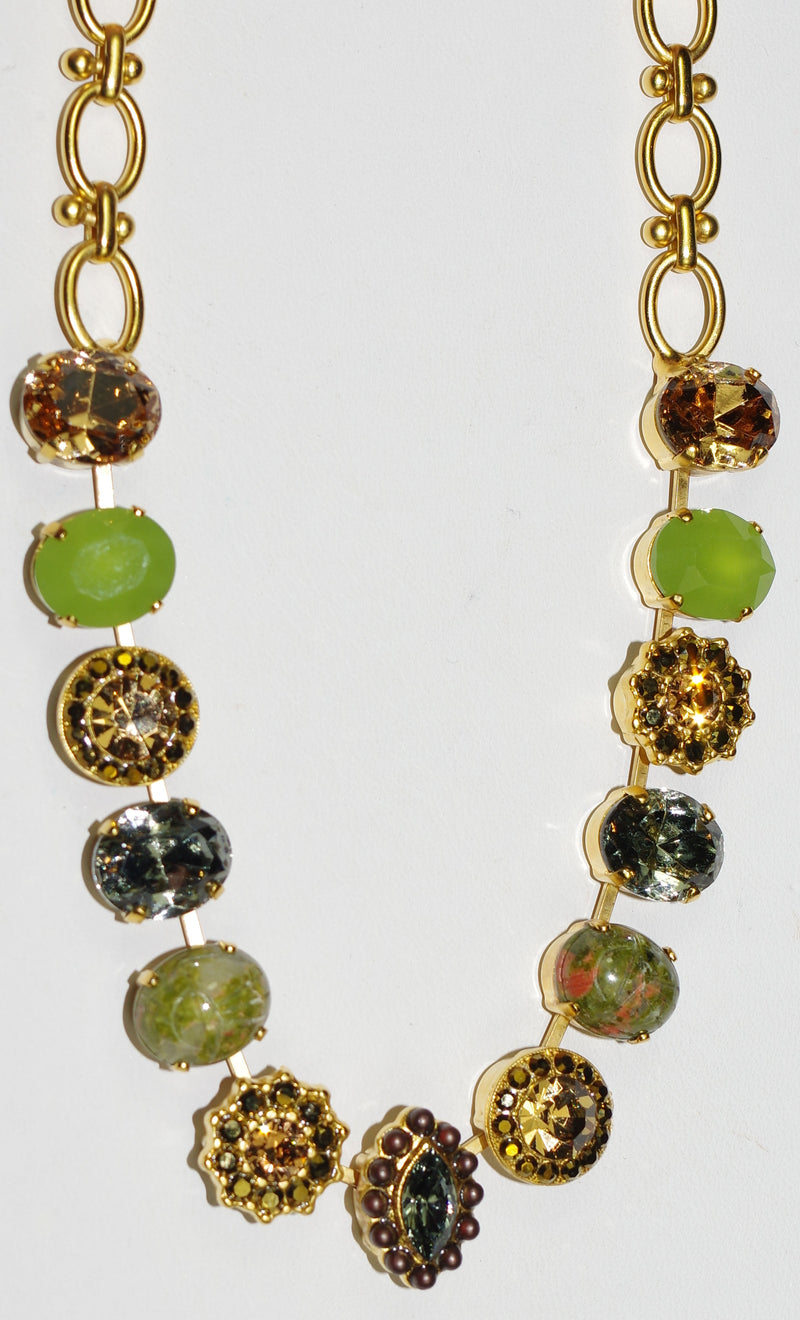 MARIANA NECKLACE HARMONIA: green, amber, brown, mineral stones in yellow gold setting, 21" adjustable chain