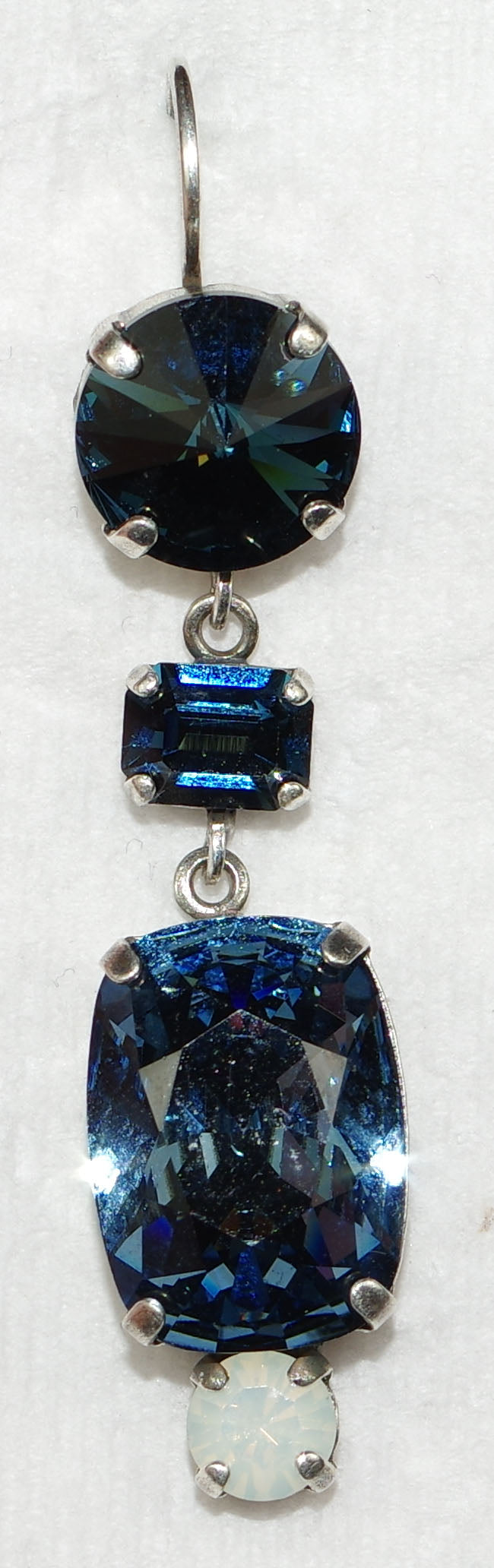 MARIANA EARRINGS MOOD INDIGO: white, blue stones in 2" silver rhodium setting, lever backs