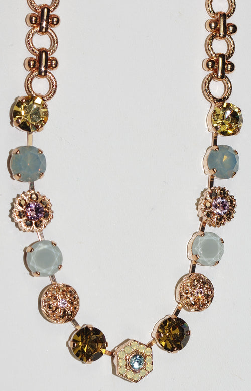 MARIANA NECKLACE RHAPSODE DIANA: amber, blue, purple, green stones in rose gold setting, 20" adjustable chain