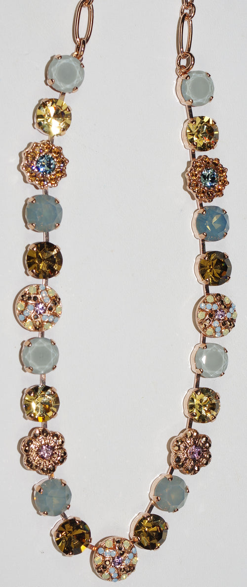 MARIANA NECKLACE RHAPSODE: blue, amber, green, pink stones in rose gold setting, 18" adjustable chain