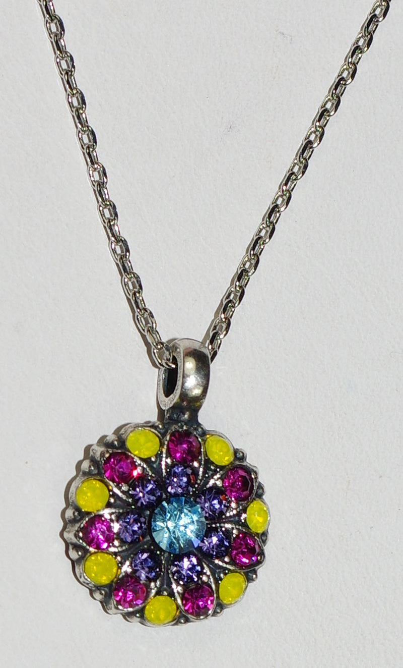 MARIANA ANGEL PENDANT CUBA: pink, blue, yellow, purple stones in silver rhodium setting, 18" adjustable chain