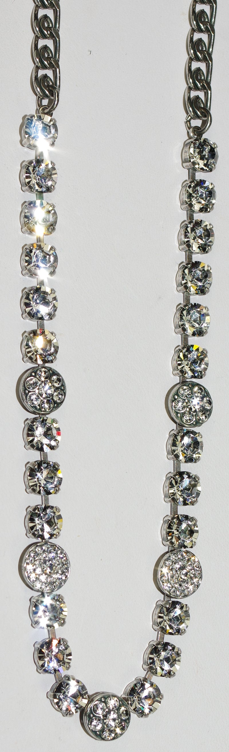 MARIANA NECKLACE ON A CLEAR DAY: clear stones in silver rhodium setting, large stones = 3/8", 18" adjustable chain