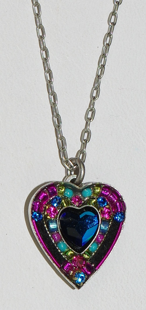 FIREFLY NECKLACE ROSE HEART BB: multi color stones in 3/4" long pendant, silver 18" adjustable chain