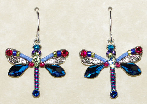 FIREFLY EARRINGS DRAGONFLY LARGE BB: multi color stones in 3/4" silver setting, wire backs