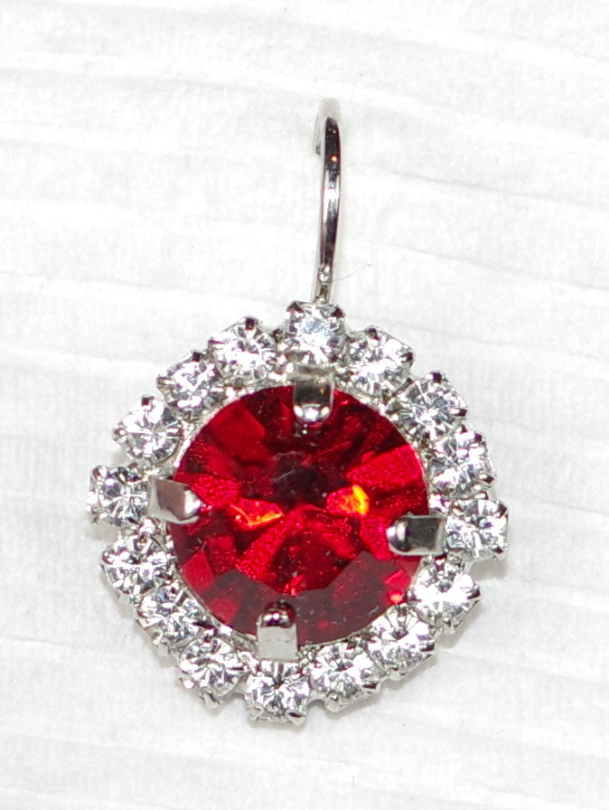 MARIANA EARRINGS RED: red, clear stones in 3/4" silver rhodium setting, lever back