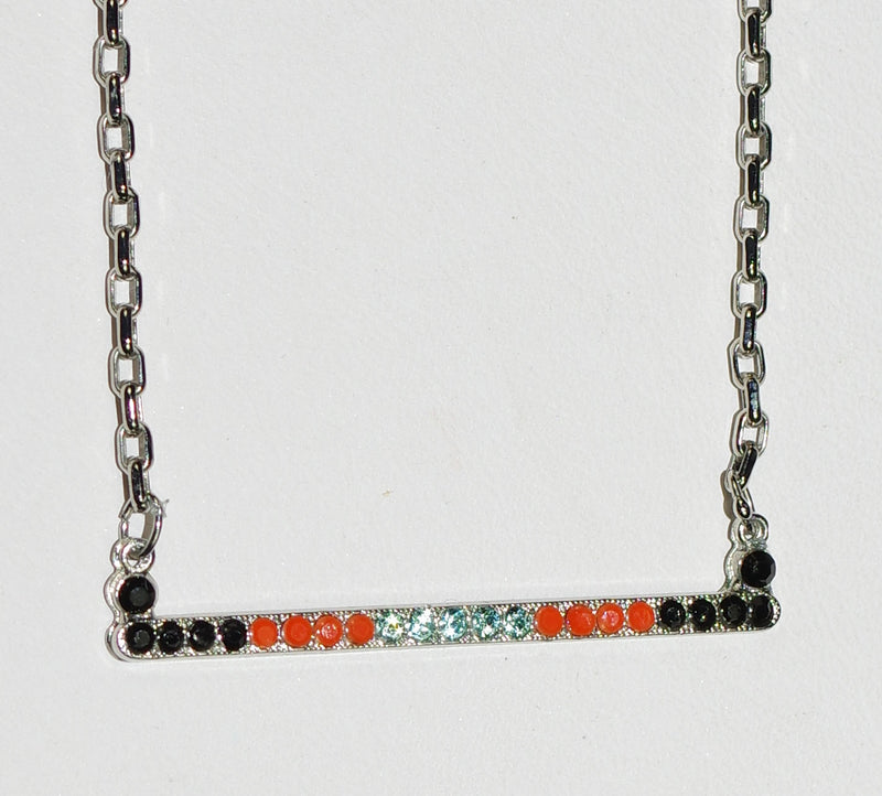 MARIANA PENDANT ST BARTS: blue, orange, black stones, in 1.5" silver setting, 18" adjustable chain