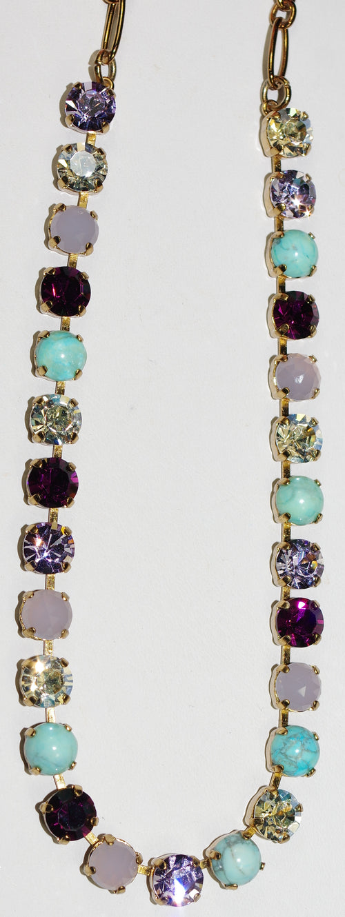 MARIANA NECKLACE BETTE ST LUCIA: turq, clear, purple 1/4" stones in european gold setting, 17" adjustable chain