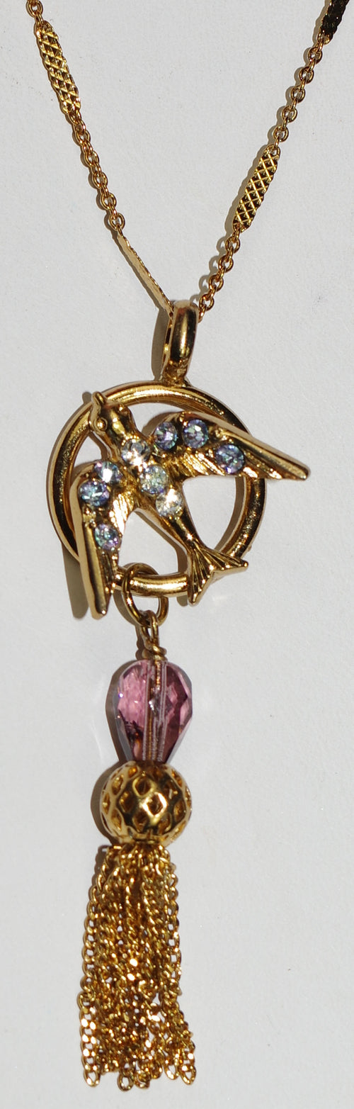 MARIANA PENDANT ST LUCIA: purple, clear stones in 2.5" pendant, european gold setting, 32" adjustable chain