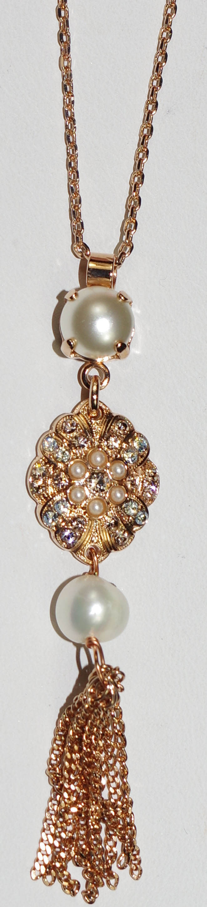 MARIANA PENDANT BARBADOS: pearl, amber, clear stones in 2.5" rose gold setting, 18" adjustable chain
