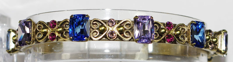 SORRELLI BRACELET WILDFLOWER: emerald and round crystals, pink, blue, pirple, amber antique gold setting, bangle style
