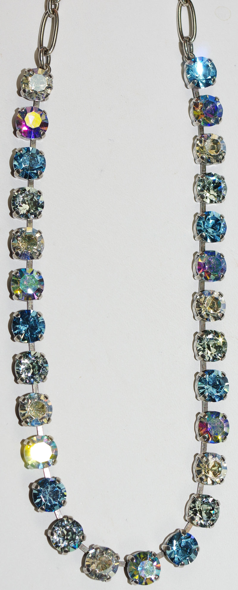 MARIANA NECKLACE BETTE ITALIAN ICE: blue, clear 1/4" stones in silver rhodium setting, 17" adjustable chain