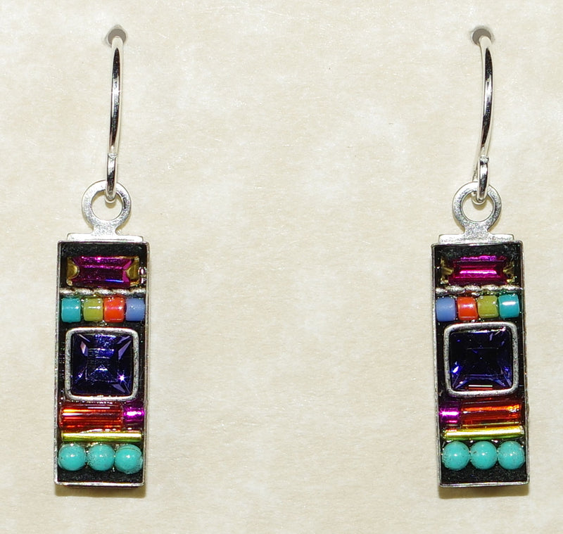 FIREFLY EARRINGS LA DOLCE VITA RECTANGLE MC: multi color stones in 5/8" silver setting, wire backs