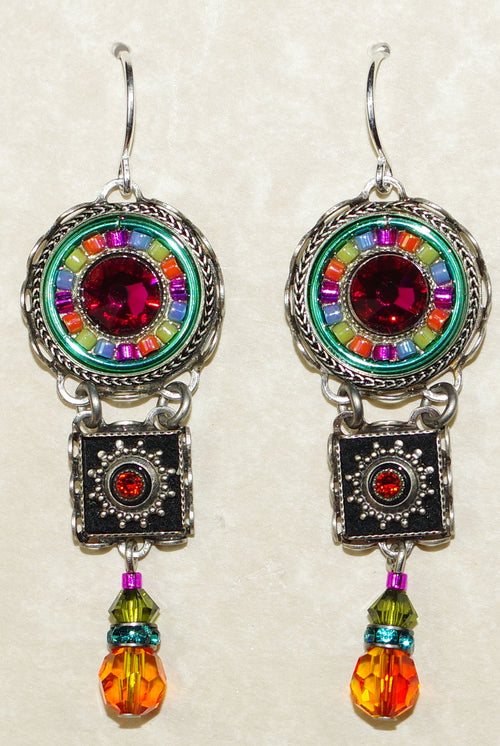 FIREFLY EARRINGS LA DOLCE VITA TIERED MC: multi color stones in 1.75" silver setting, wire backs