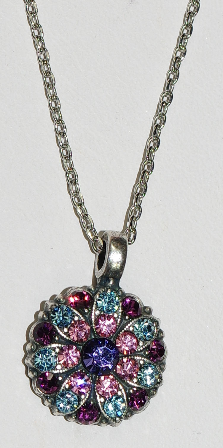 MARIANA ANGEL PENDANT COTTON CANDY: blue, pink, purple stones in silver rhodium setting, 18" adjustable chain