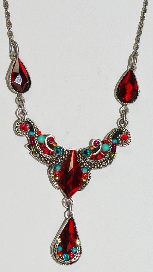 FIREFLY NECKLACE LILY ORGANIC RED: multi color stones in 2" wide silver setting, 20" adjustable chain