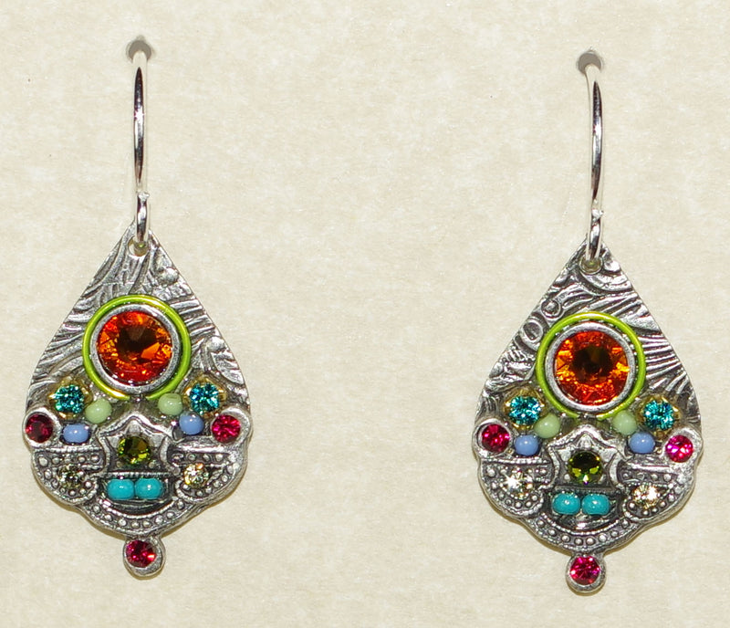 FIREFLY EARRINGS MOSAIC DETAIL DROP MC: multi color stones in 3/4" silver setting, wire backs