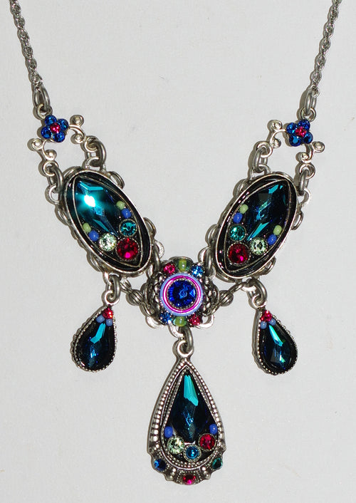 FIREFLY NECKLACE EMMA ELAB FLAME BB: multi color stones in 2.5" wide silver setting, 16" adjustable chain