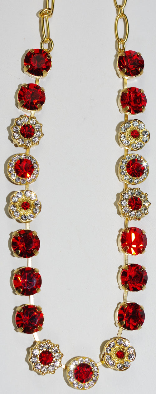 MARIANA NECKLACE RED/CLEAR SOPHIA: bright red & clear stones in yellow gold setting, 17" adjustable chain