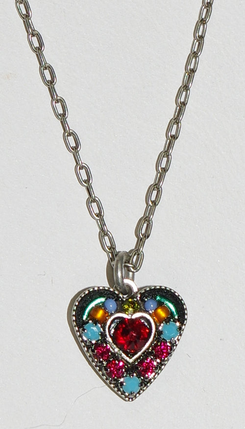 FIREFLY NECKLACE SMALL CRYSTAL HEART RED:  multi color stones in 3/8" pendant, silver 16" adjustable chain