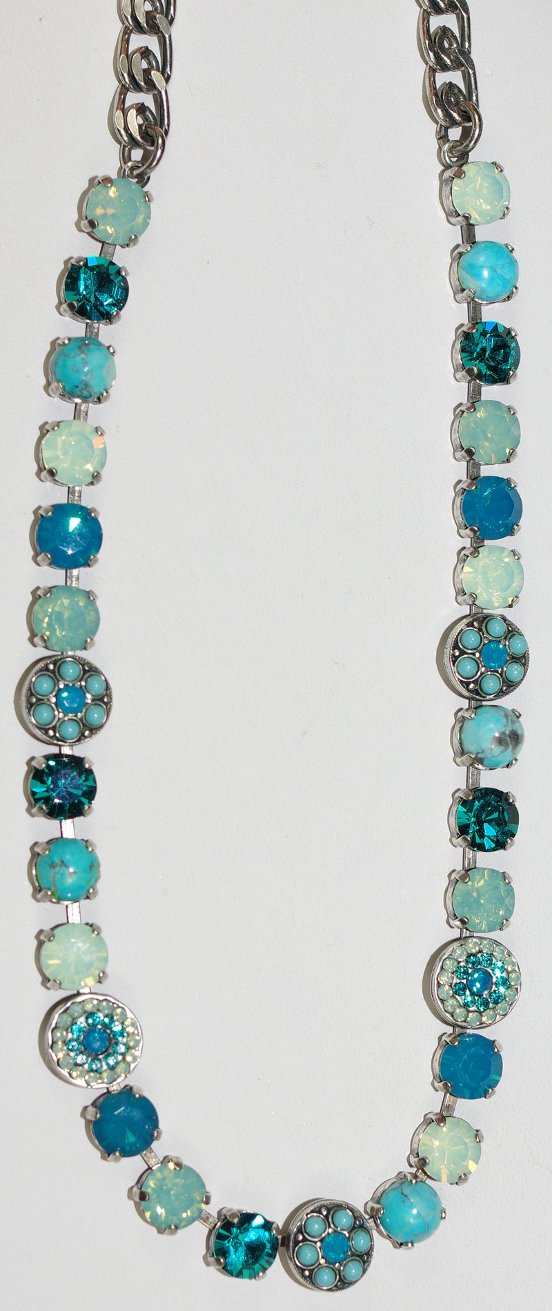 MARIANA NECKLACE BAHAMAS: pacific opal, teal, blue stones in silver setting, 17" adjustable chain
