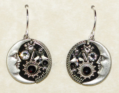 FIREFLY EARRINGS MIDNIGHT MOON B/W: black, clear stones in 3/4" silver setting, wire backs