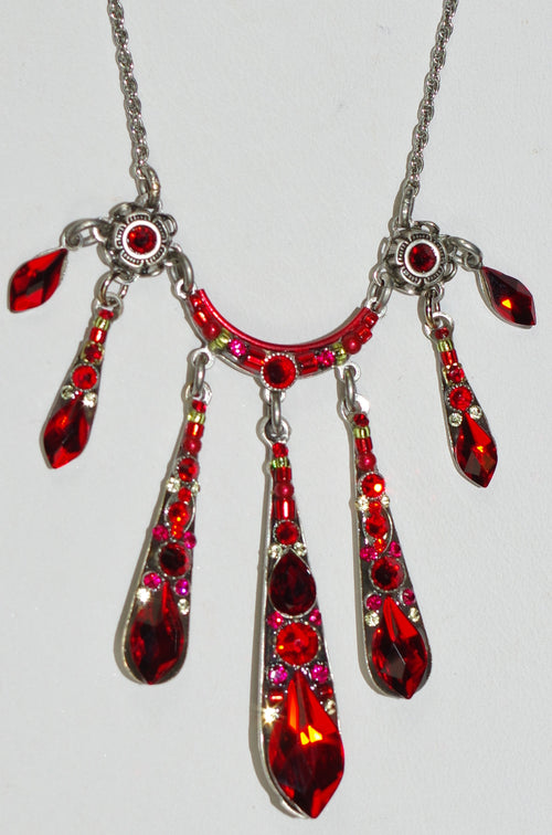 FIREFLY NECKLACE GAZELLE 5 DROP RED: RED stones, CENTER PENDANT = 1.5" in silver 16" adjustable chain
