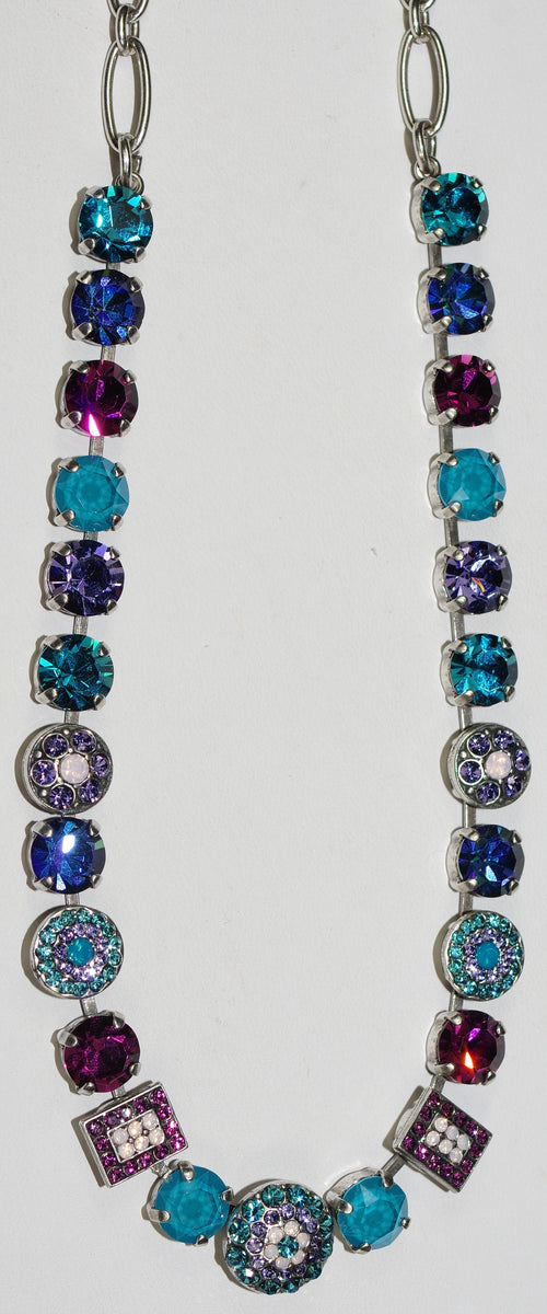 MARIANA NECKLACE PEACOCK: pink, purple, blue stones in silver setting, 18" adjustable chain