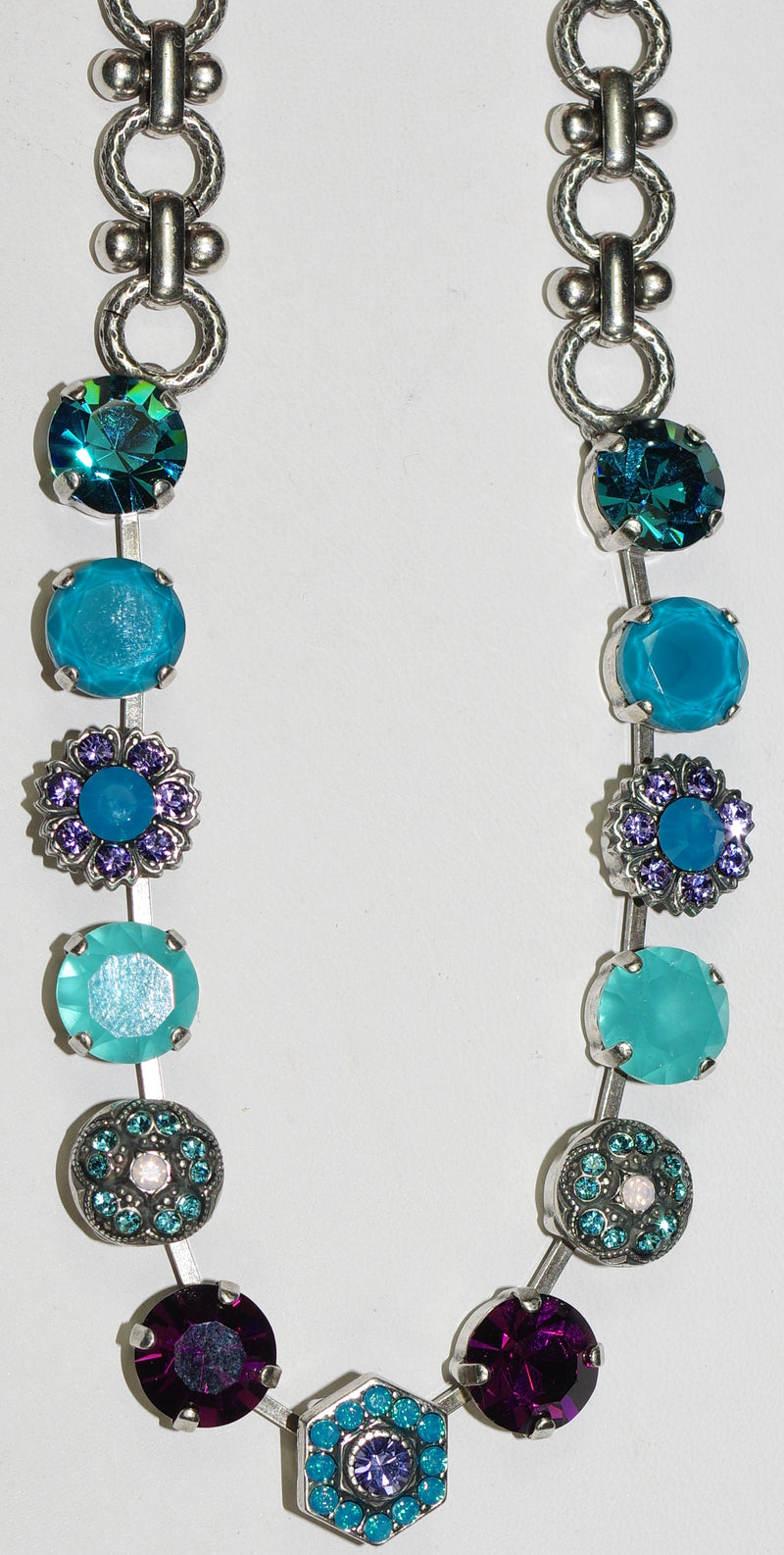 MARIANA NECKLACE PEACOCK: purple, teal 3/8" stones in silver setting, 18" adjustable chain