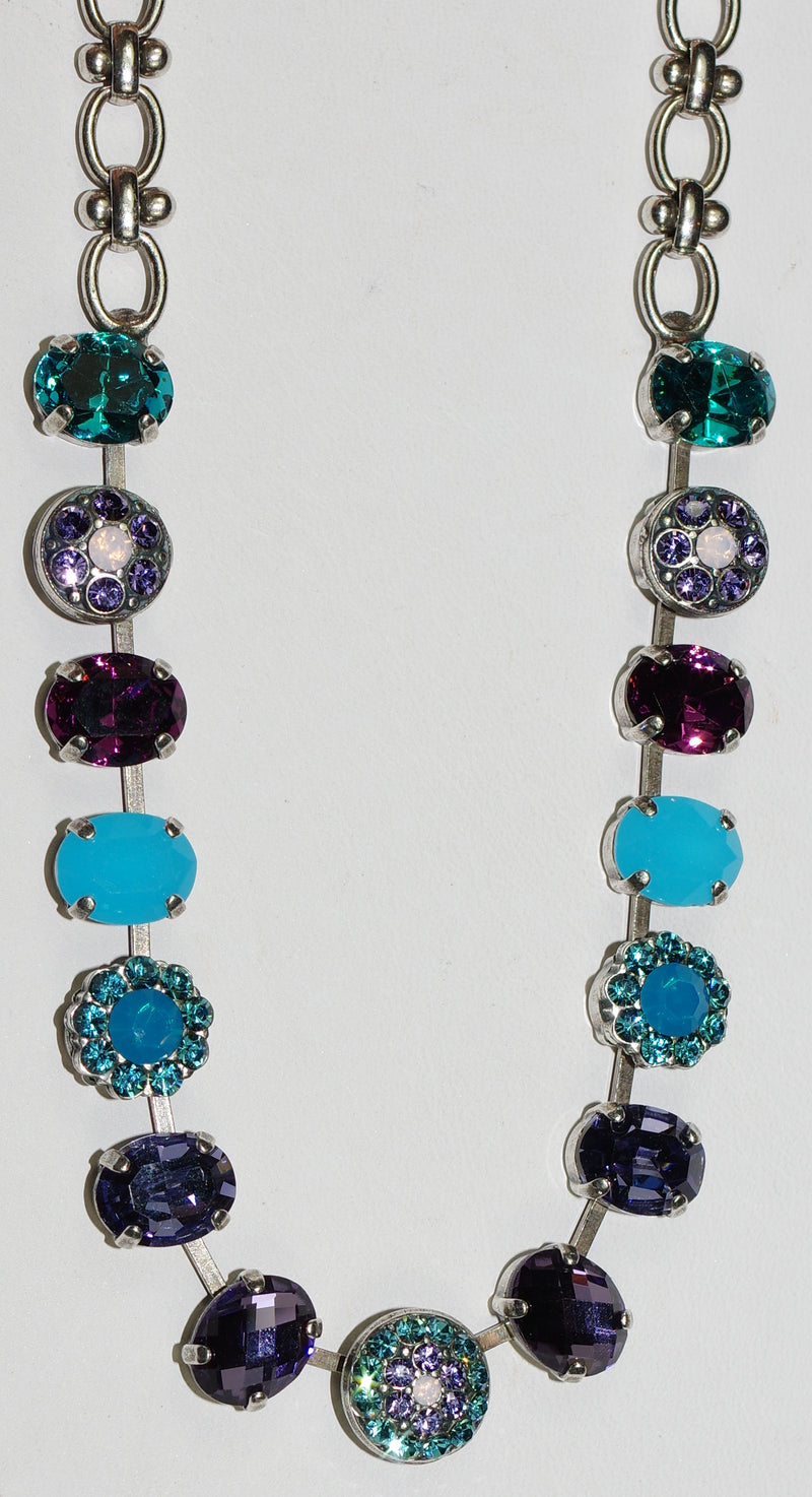 MARIANA NECKLACE PEACOCK: purple, teal, pink stones in silver setting, 20" adjustable chain