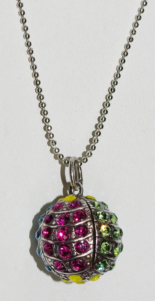 MARIANA PENDANT SPRING FLOWERS: green, blue, pink, yellow, purple stones in 3/4" silver sphere, silver setting, 34" adjustable chain