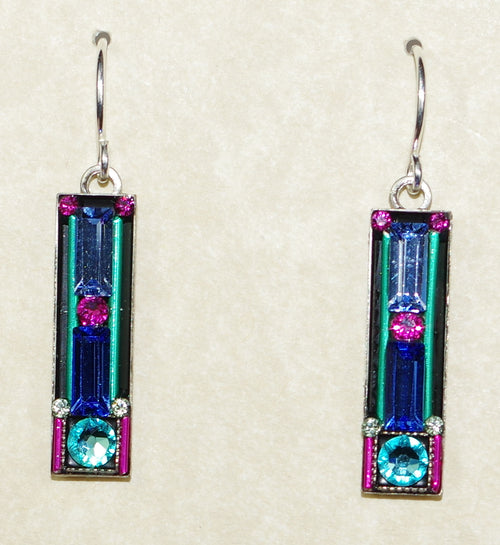 FIREFLY EARRINGS ARCHITECTURL RECTANGLE-LT: multi color stones in 1" silver setting, wire backs