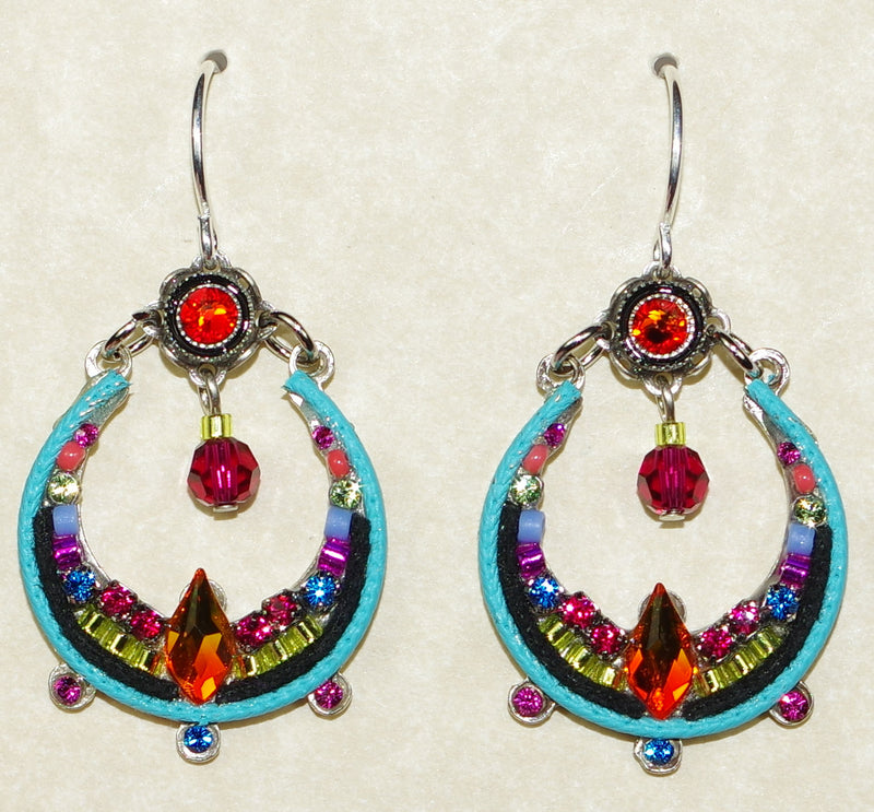 FIREFLY EARRINGS LUNETTE MC: multi color stones in 1" silver setting, wire backs