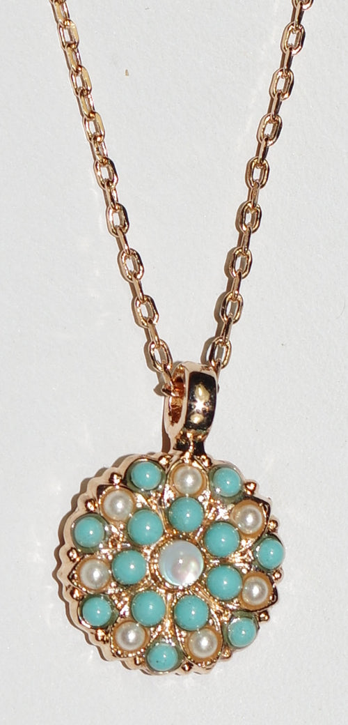 MARIANA ANGEL PENDANT: turq, pearl, white stones in rosegold setting, 18" adjustable chain