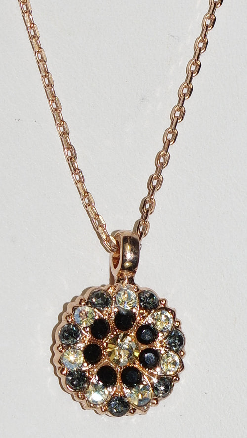 MARIANA ANGEL PENDANT BLACK ORCHID: amber, clear, black, grey stones in rose gold setting, 18" adjustable chain