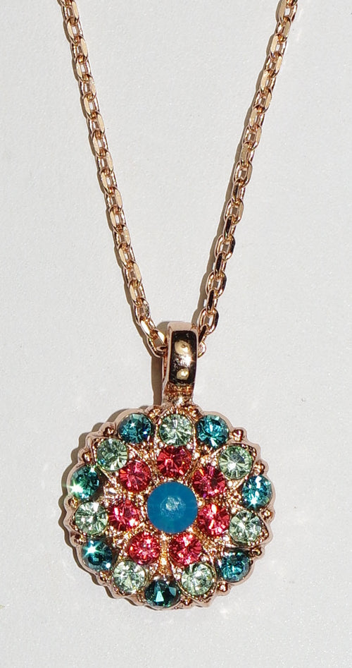 MARIANA ANGEL PENDANT BIRD OF PARADISE: salmon, teal, green stones in rose gold setting, 18" adjustable chain