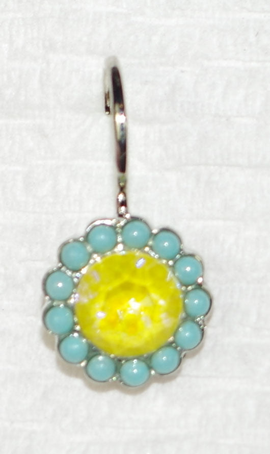 MARIANA EARRINGS POPPY SUN KISSED: blue, yellow ultra stones in 1/2" rhodium setting, lever back