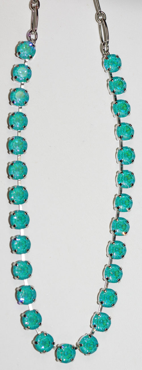 MARIANA NECKLACE SUN KISSED TEAL BETTE: teal ultra 1/4" stones in rhodium setting, 17" adjustable chain