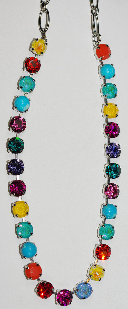 MARIANA NECKLACE POPPY BETTE: amber, orange, blue, teal, yellow, purple 1/4" stones in rhodium setting, 17" adjustable chain