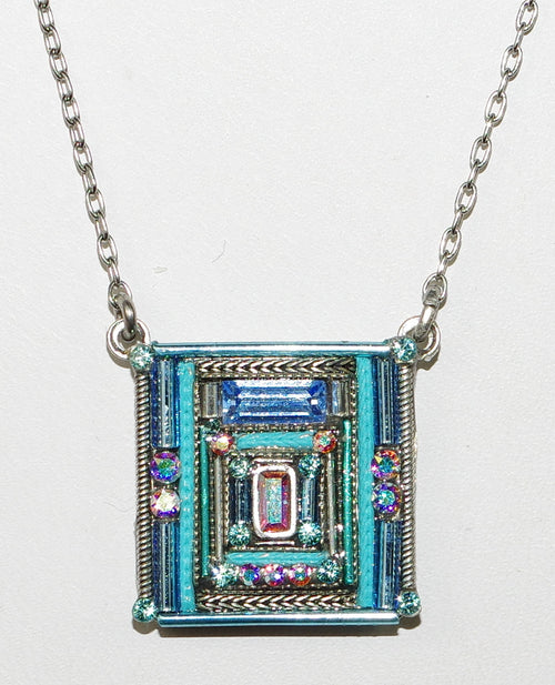 FIREFLY NECKLACE ARCHITECTURAL SQUARE ICE: multi color stones in 3/4" pendant, silver 17" adjustable chain