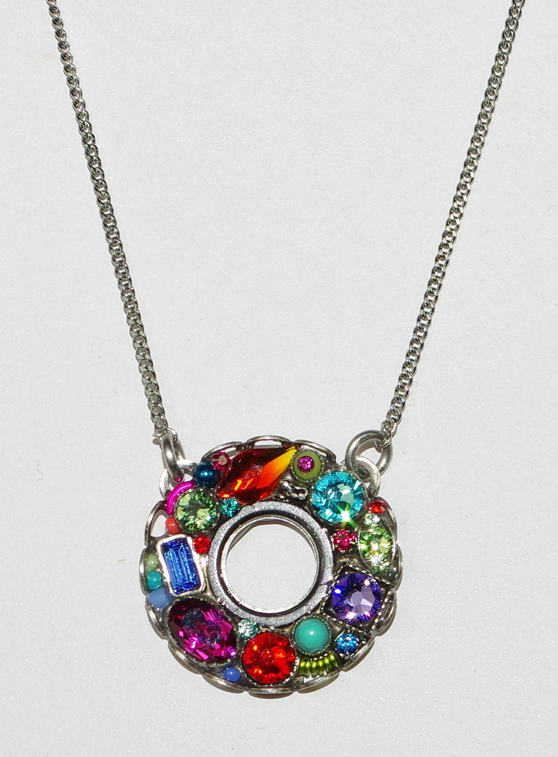 FIREFLY NECKLACE BEJEWELED CIRCLE MC: multi color stones in 3/4" pendant, silver 17" adjustable chain