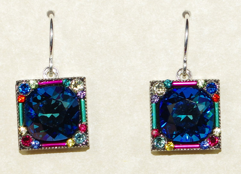 FIREFLY EARRINGS ELIZABETH SQUARE MC: multi stones in 1/2" silver setting, wire backs