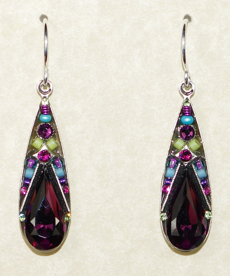 FIREFLY EARRINGS CAMELLIA LARGE DROP-AMETHYST: multi stones in 1" silver setting, wire backs