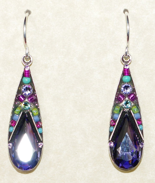 FIREFLY EARRINGS CAMELLIA LARGE DROP TANZ: multi color stones in 1" silver setting, wire backs