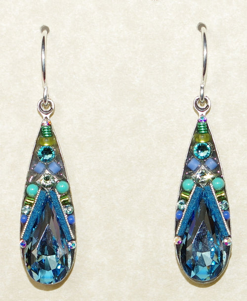 FIREFLY EARRINGS CAMELIA LARGE DROP AQUA: multi color stones in 1" silver setting, wire backs