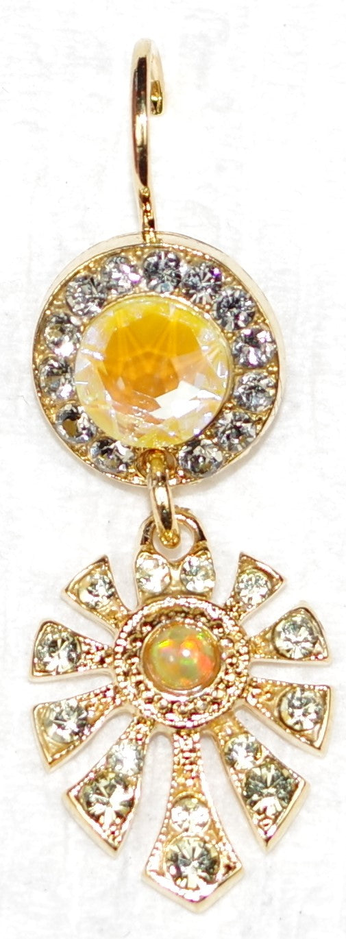 MARIANA EARRINGS DUNAWAY PAINTED LADY: yellow sun kissed, taupe stones in 1" yellow gold setting, lever back