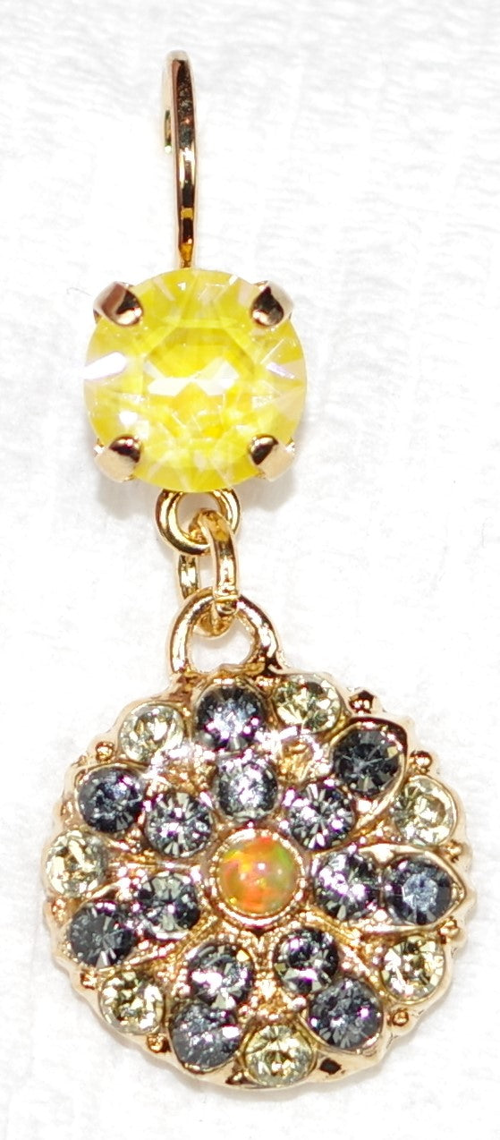 MARIANA EARRINGS PAINTED LADY:  yellow, taupe, opal stones in 1.25" yellow gold setting, Mariana angel on back, lever back