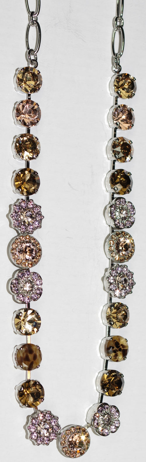 MARIANA NECKLACE MEADOW BROWN: pink, amber, cheetah, brown 1/2" stones in rhodium setting, 18" adjustable chain